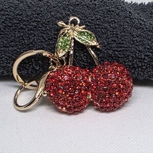 Gold Cherry Keychain Bagcharm with Red Crystals